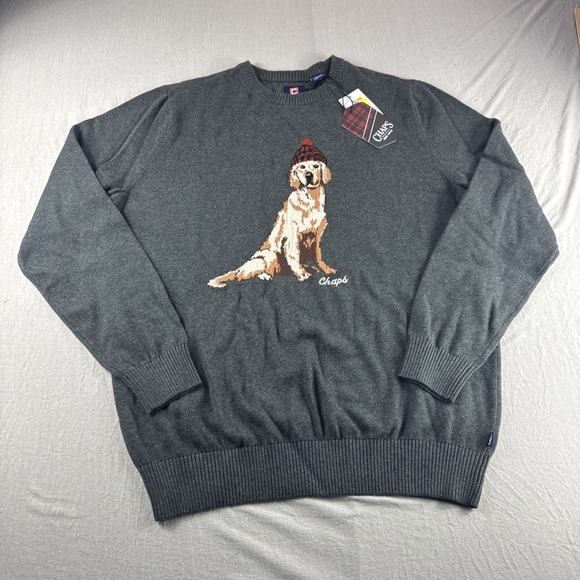 Chaps Other - Chaps Christmas Sweater Mens L Gray Golden Retriever Dog Holiday Sweatshirt NEW